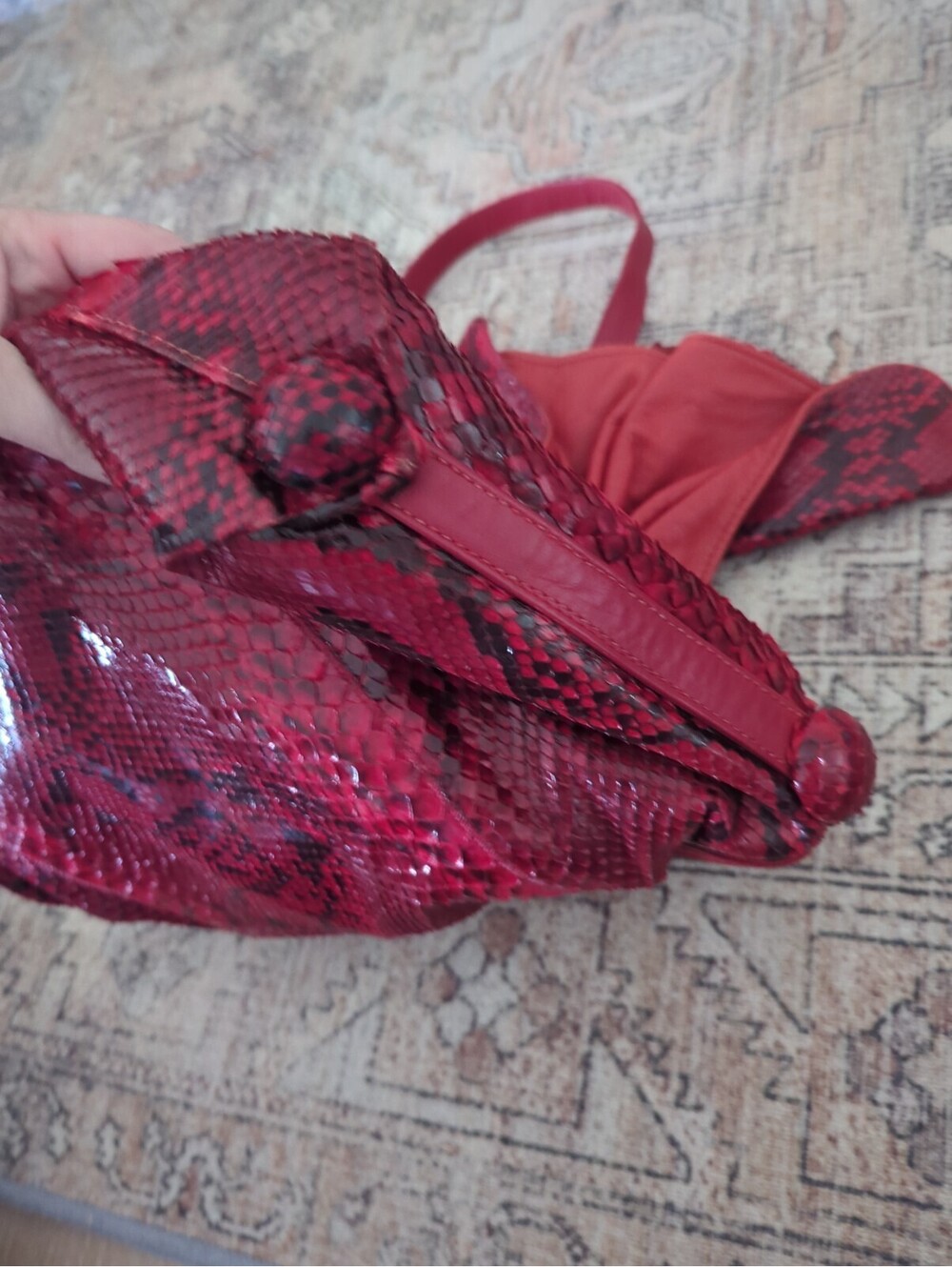 Vintage Red Carlos Falchi Python Snakeskin Leather Crossbody Butterfly Bag - Picture 7 of 16